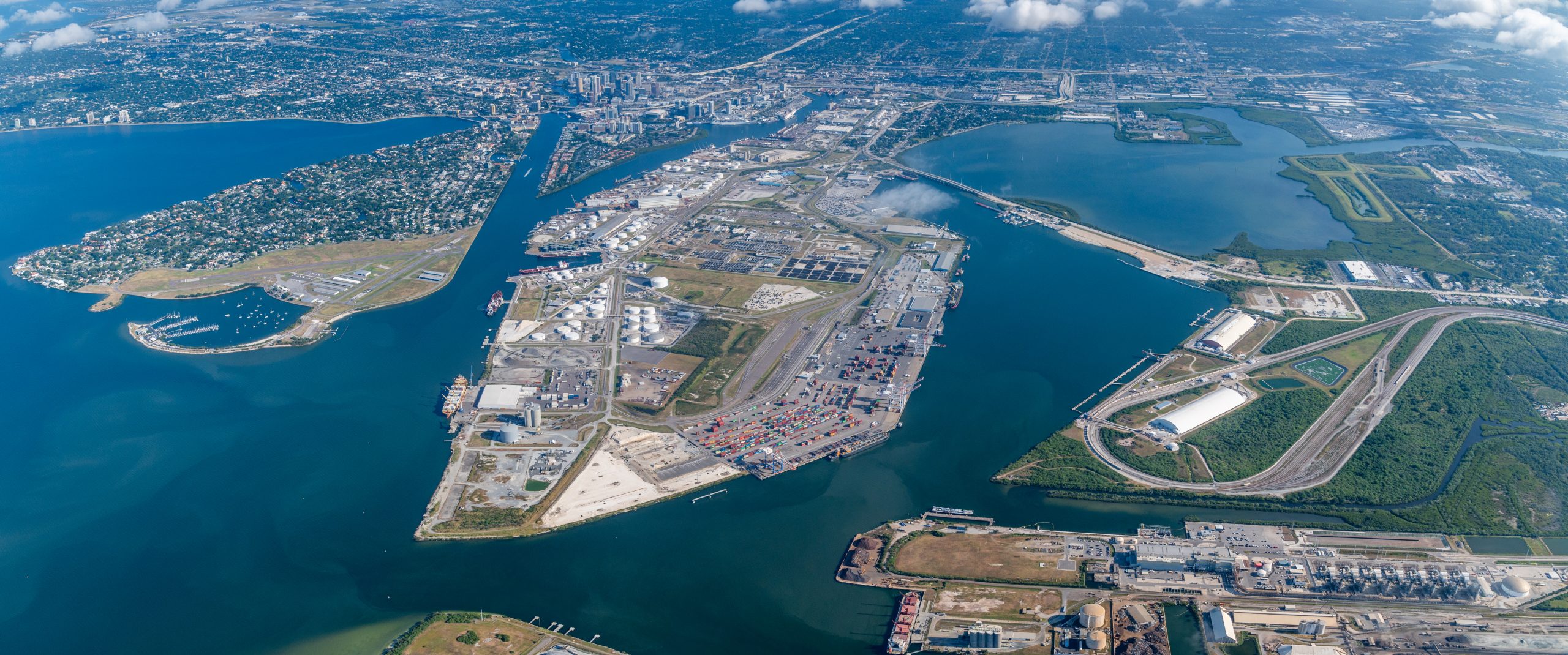 Panoramic aerial of hookers point, port tampa bay